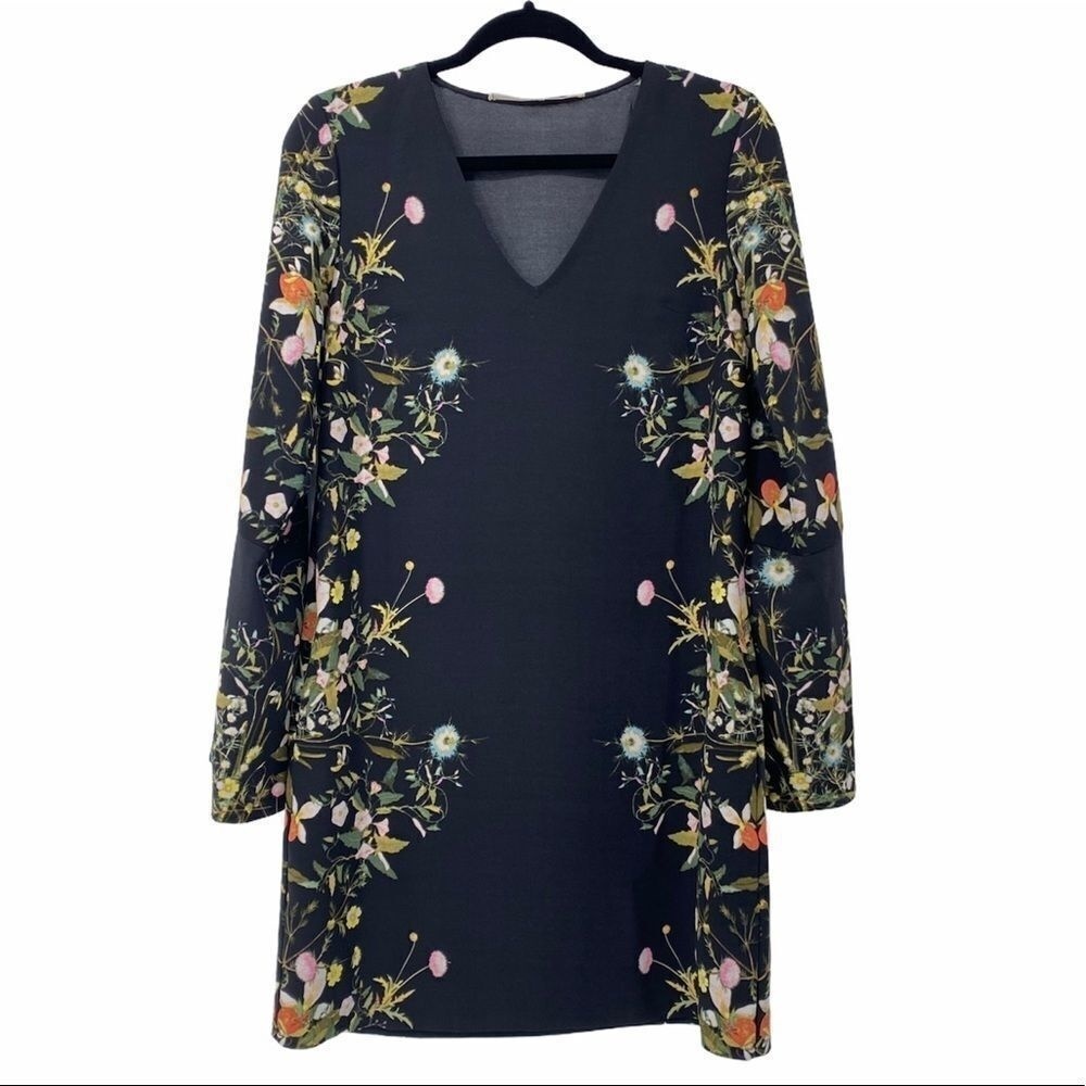 Black Multicolor Floral Long Sleeve V Neck Dress Womens 2
